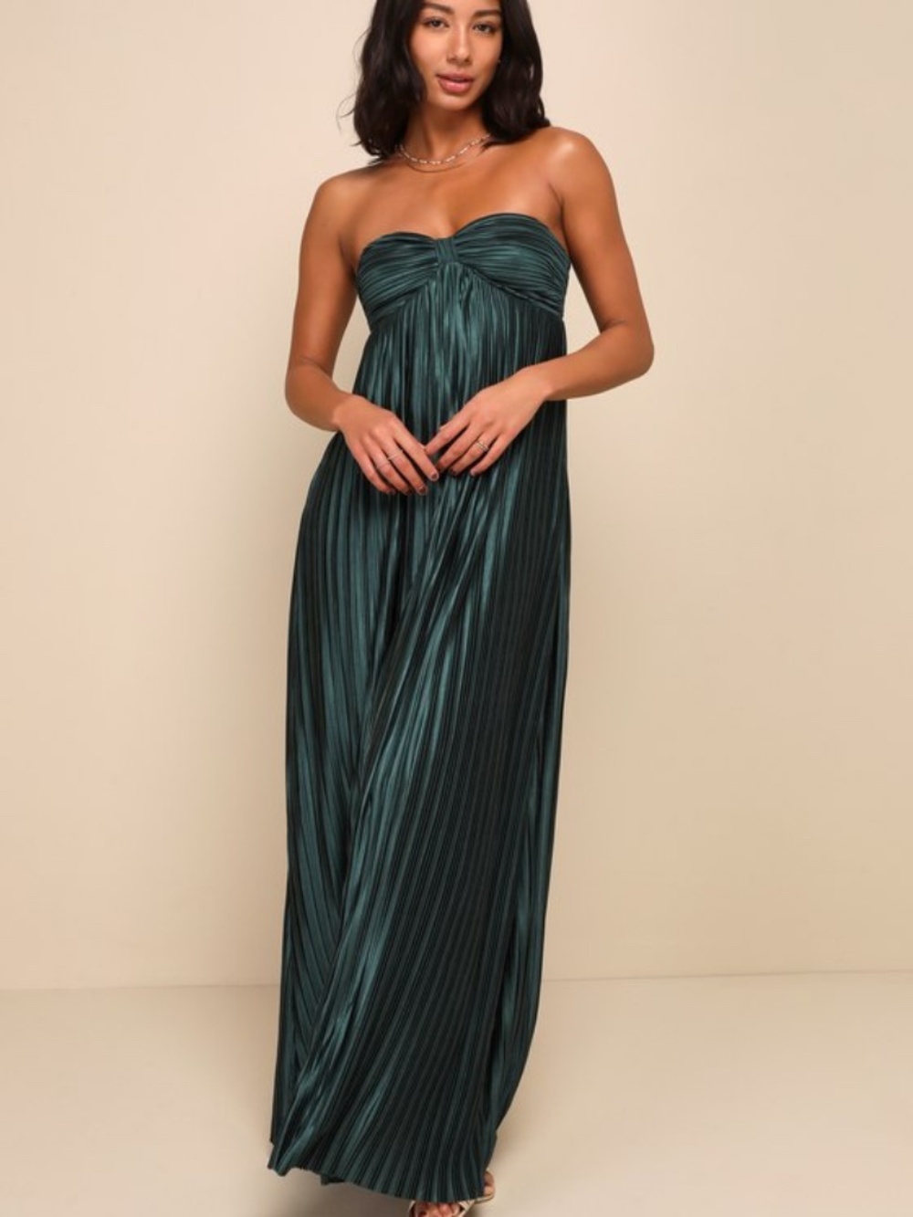 Lulus Whimsical Beauty Emerald Green Satin Plisse Strapless Maxi Dress - Size M
